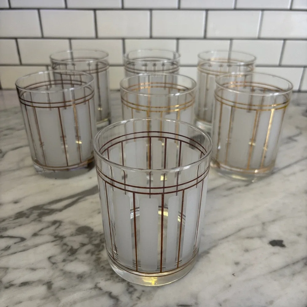 Vintage Culver Servemates Whiskey Lowball Glass Set of 7 Gold Frosted Glass MCM